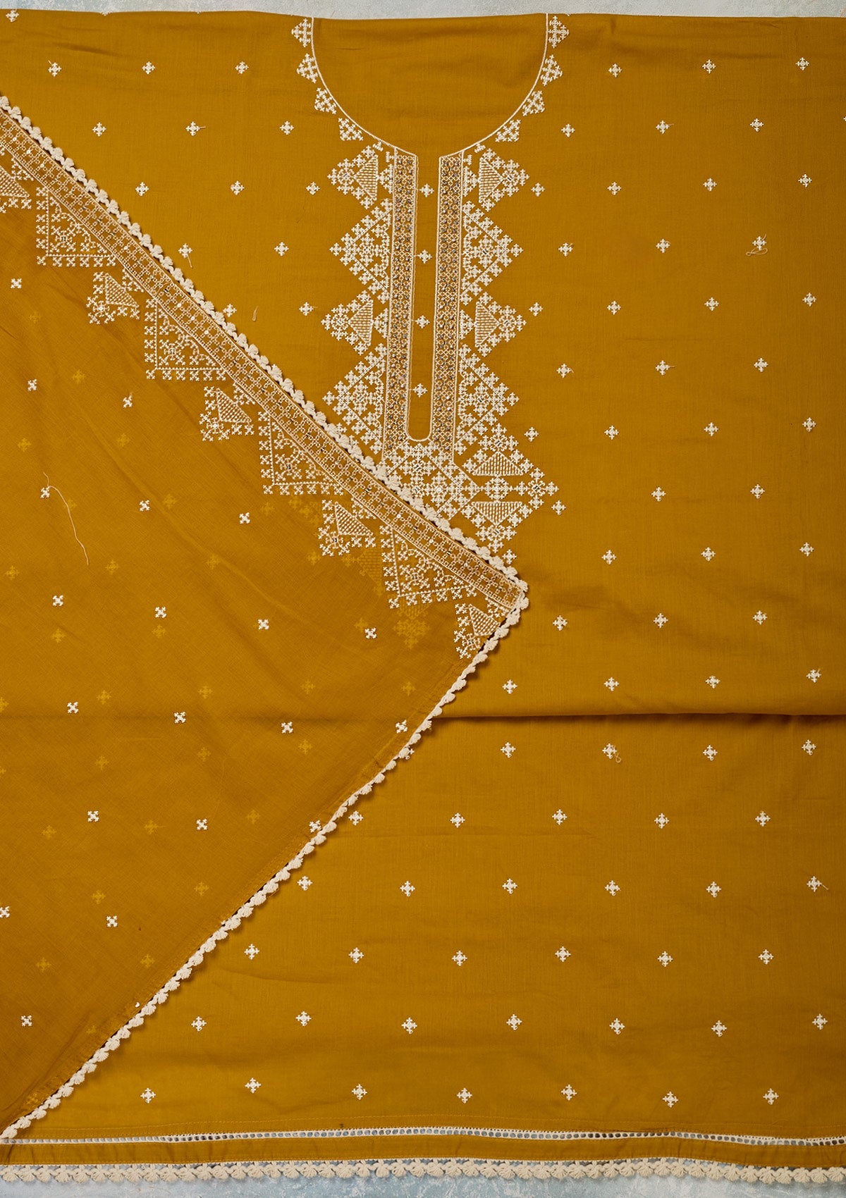 Mustard Threadwork Semi Crepe Unstitched Salwar Suit-Koskii