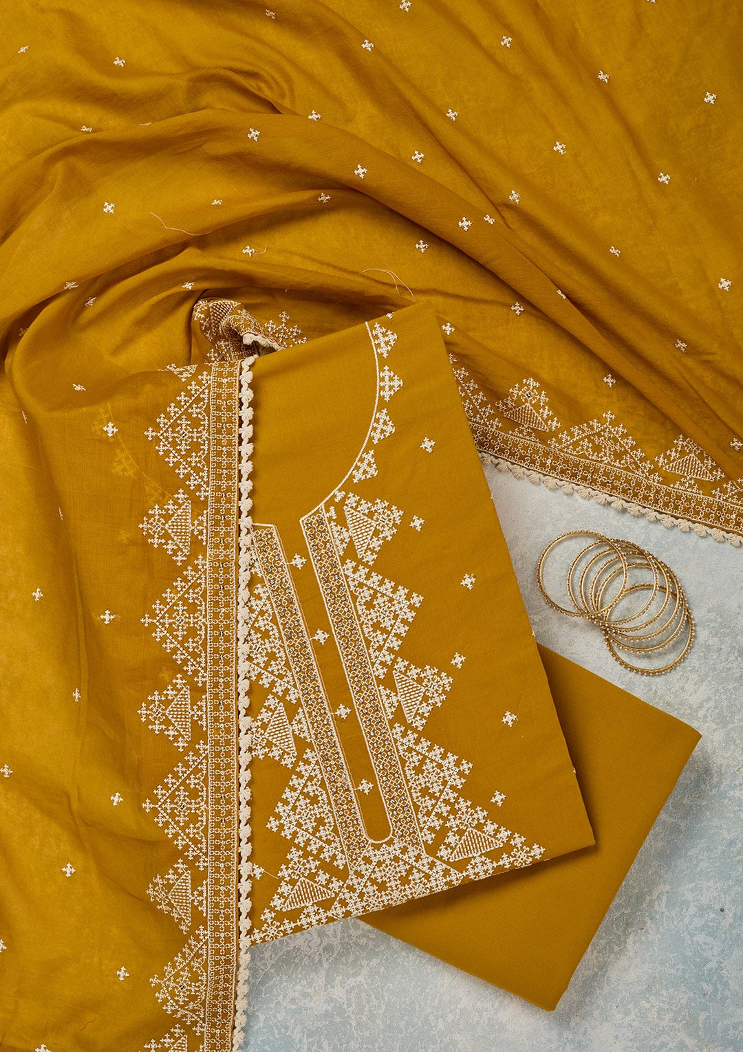 Mustard Threadwork Semi Crepe Unstitched Salwar Suit-Koskii