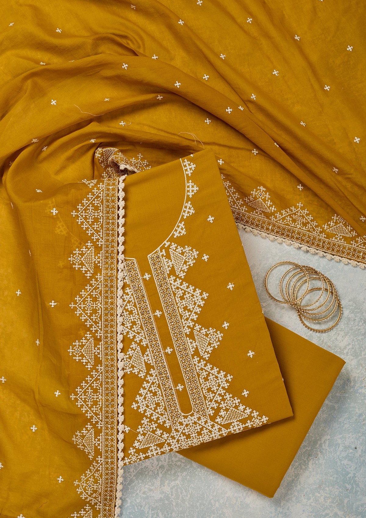 Mustard Threadwork Semi Crepe Unstitched Salwar Suit-Koskii
