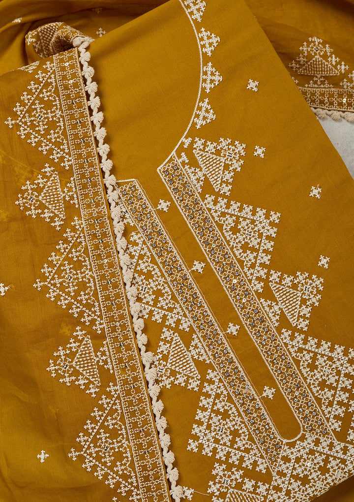 Mustard Threadwork Semi Crepe Unstitched Salwar Suit-Koskii