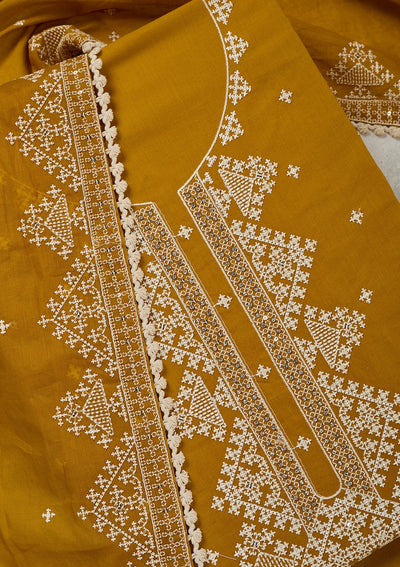 Mustard Threadwork Semi Crepe Unstitched Salwar Suit-Koskii