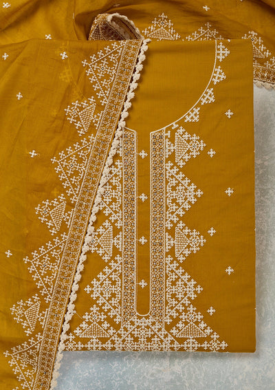 Mustard Threadwork Semi Crepe Unstitched Salwar Suit-Koskii