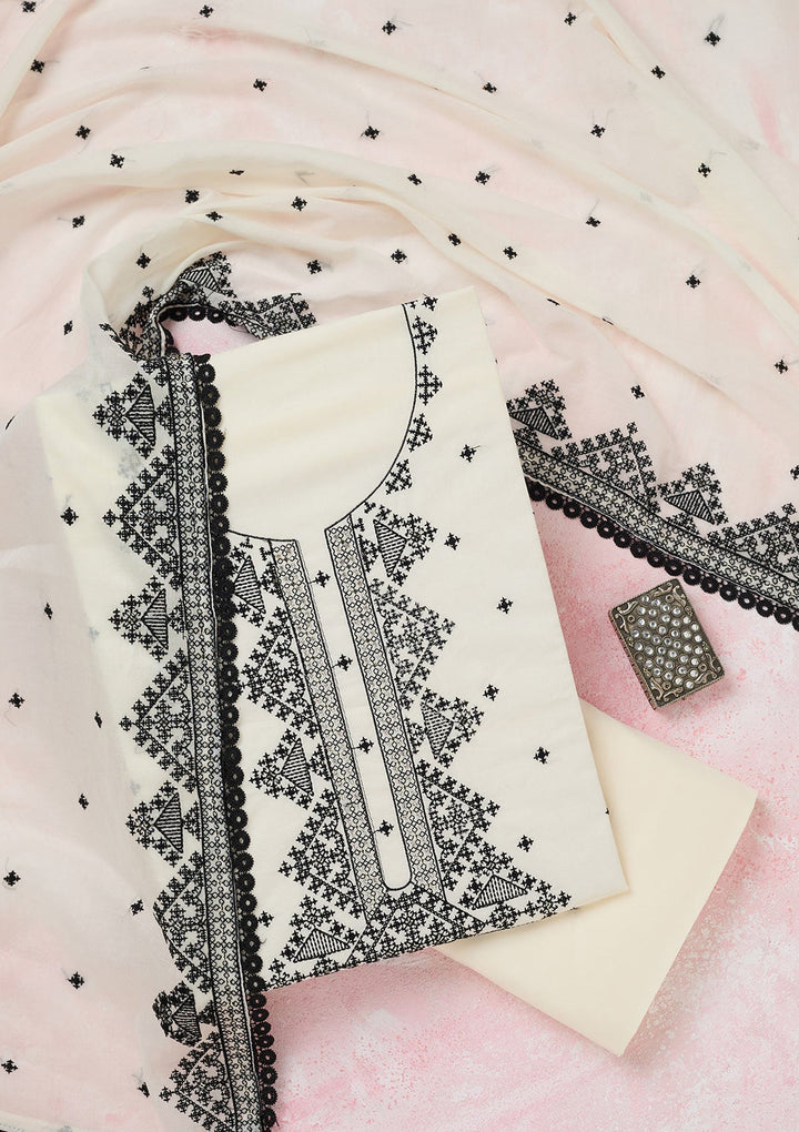 Off White Threadwork Semi Crepe Unstitched Salwar Suit-koskii