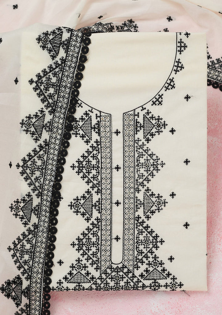 Off White Threadwork Semi Crepe Unstitched Salwar Suit-koskii