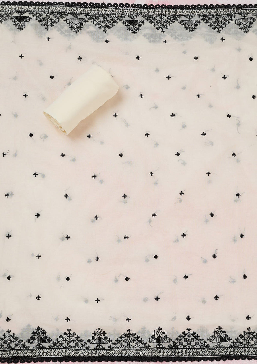 Off White Threadwork Semi Crepe Unstitched Salwar Suit-koskii