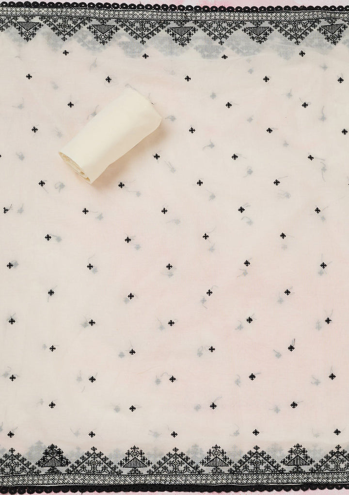 Off White Threadwork Semi Crepe Unstitched Salwar Suit-koskii