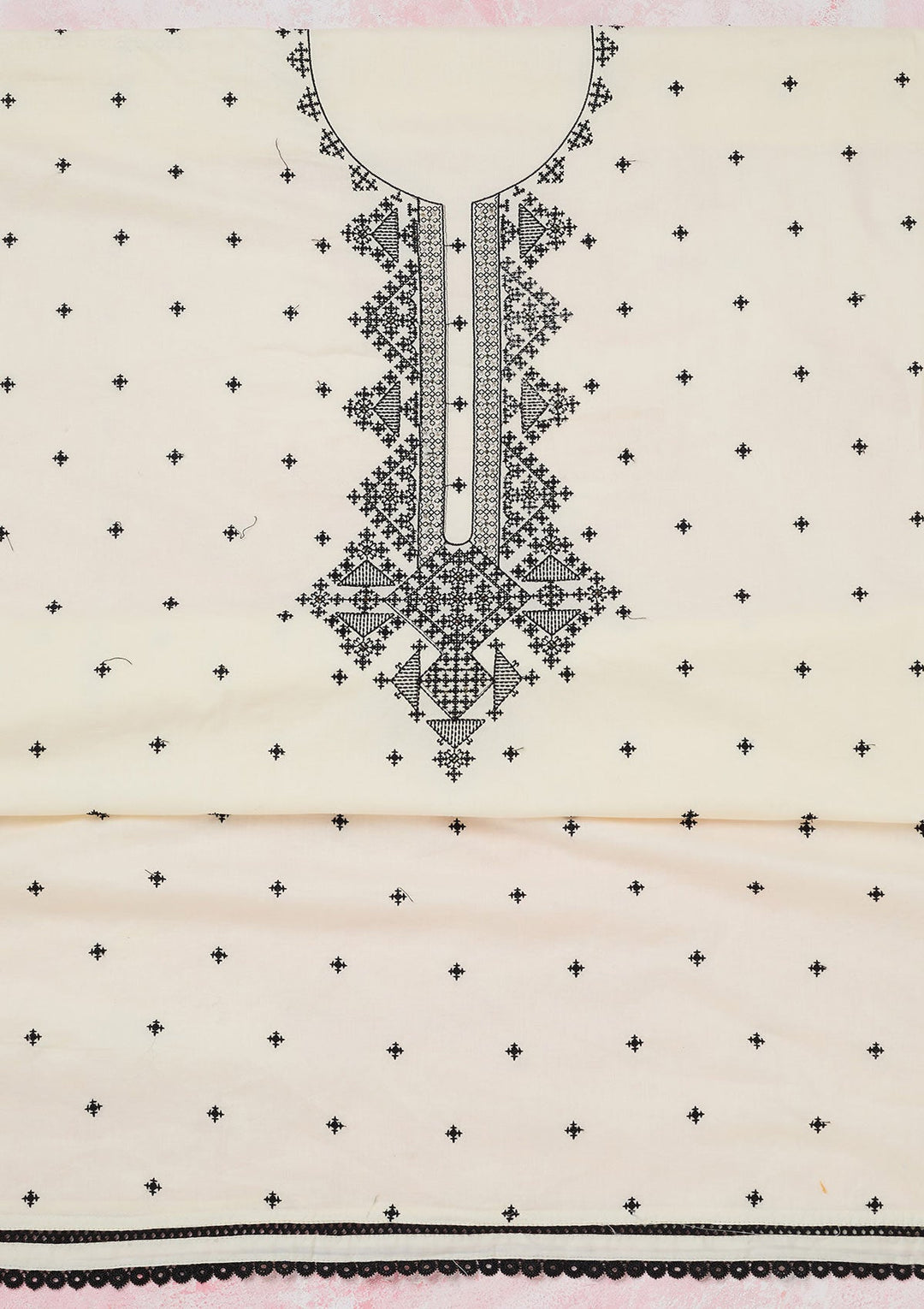 Off White Threadwork Semi Crepe Unstitched Salwar Suit-koskii