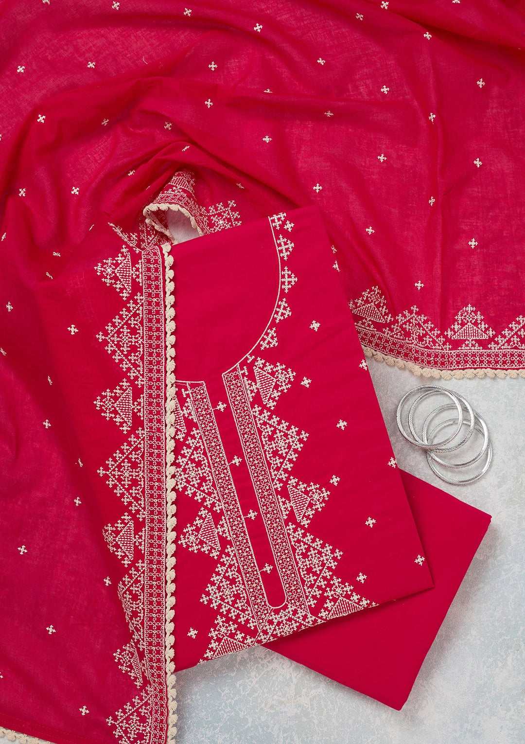 Rani Pink Threadwork Semi Crepe Unstitched Salwar Suit-koskii