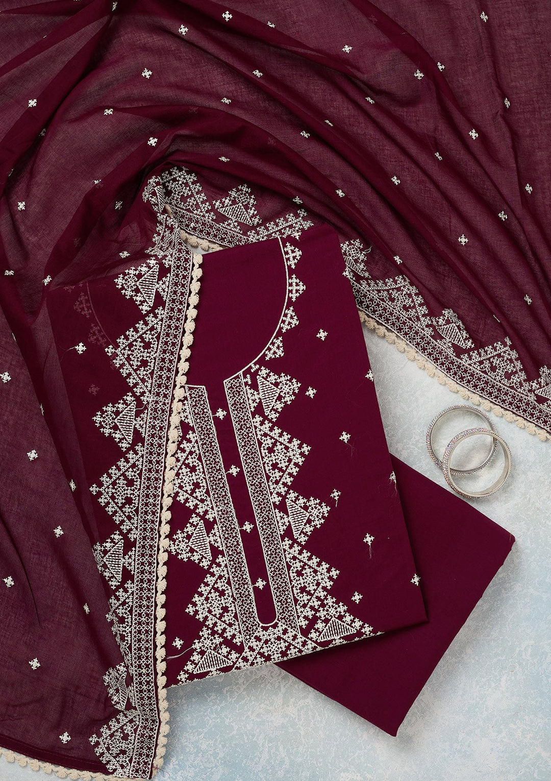 Wine Threadwork Semi Crepe Unstitched Salwar Suit-koskii