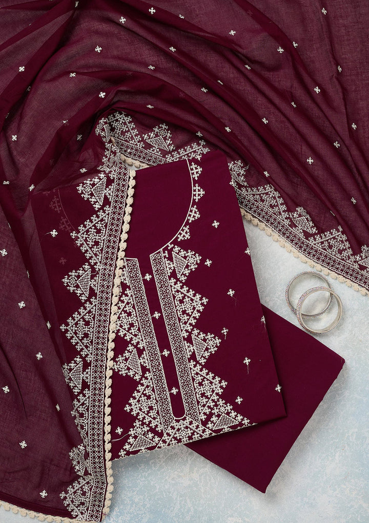 Wine Threadwork Semi Crepe Unstitched Salwar Suit-koskii