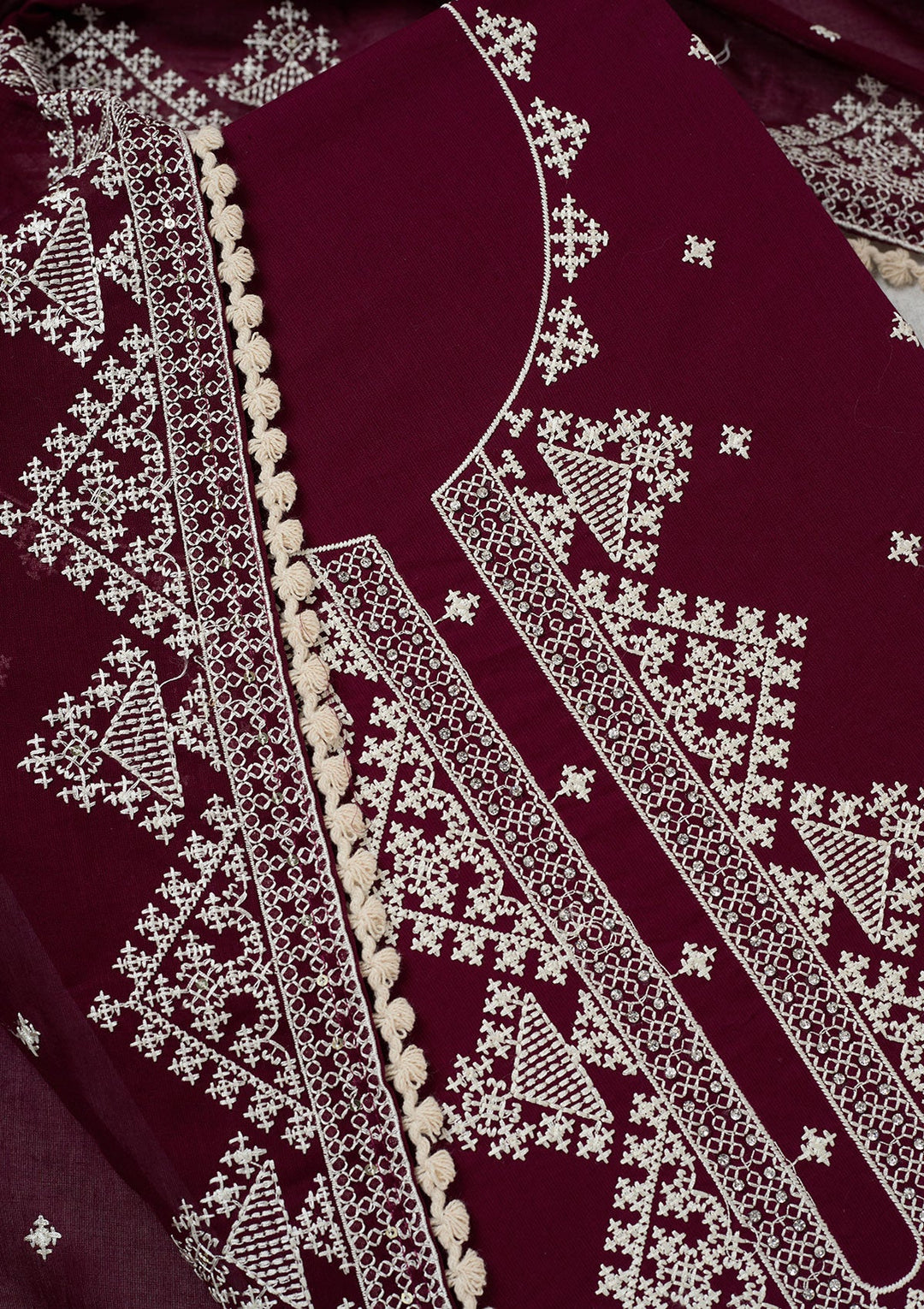 Wine Threadwork Semi Crepe Unstitched Salwar Suit-koskii