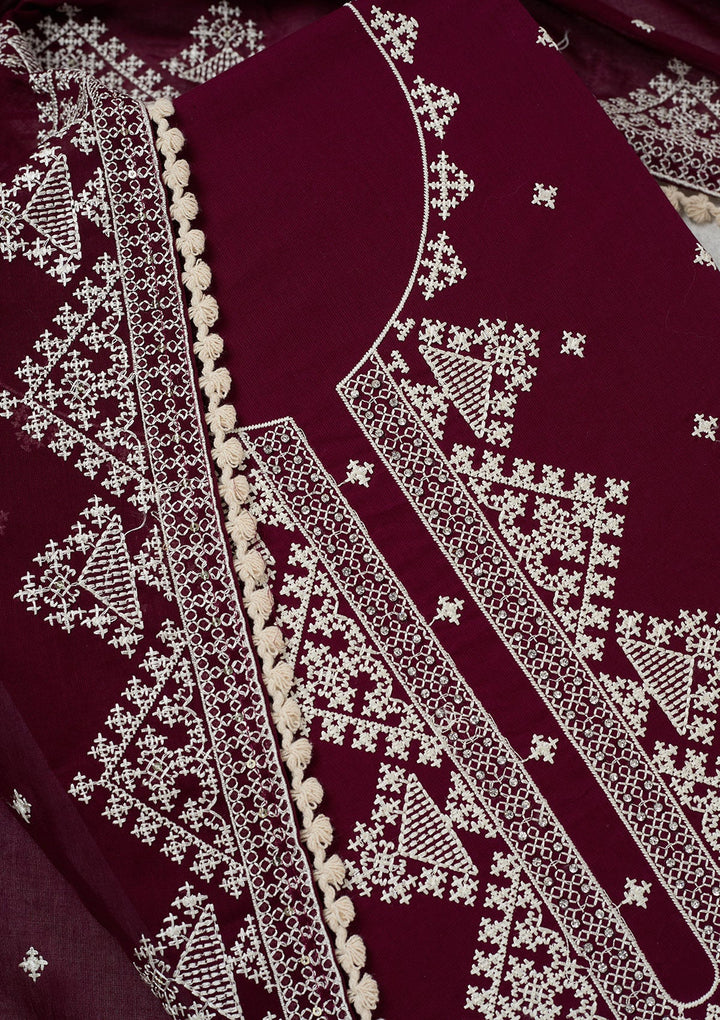 Wine Threadwork Semi Crepe Unstitched Salwar Suit-koskii