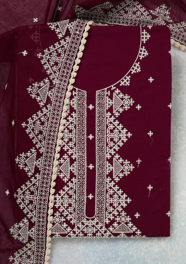 Wine Threadwork Semi Crepe Unstitched Salwar Suit-koskii