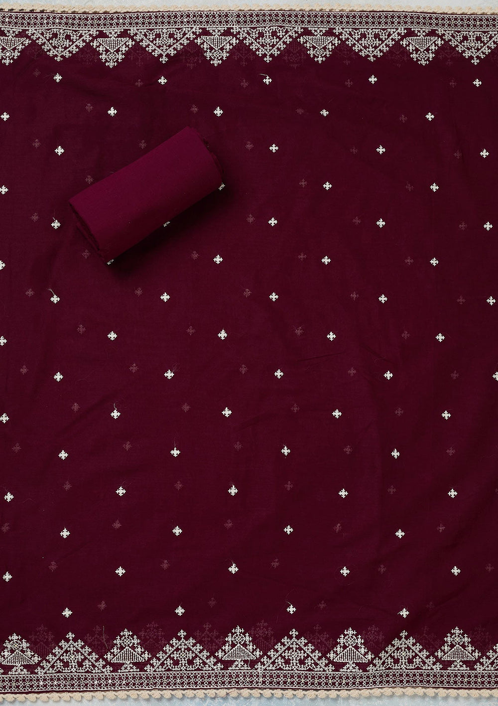 Wine Threadwork Semi Crepe Unstitched Salwar Suit-koskii