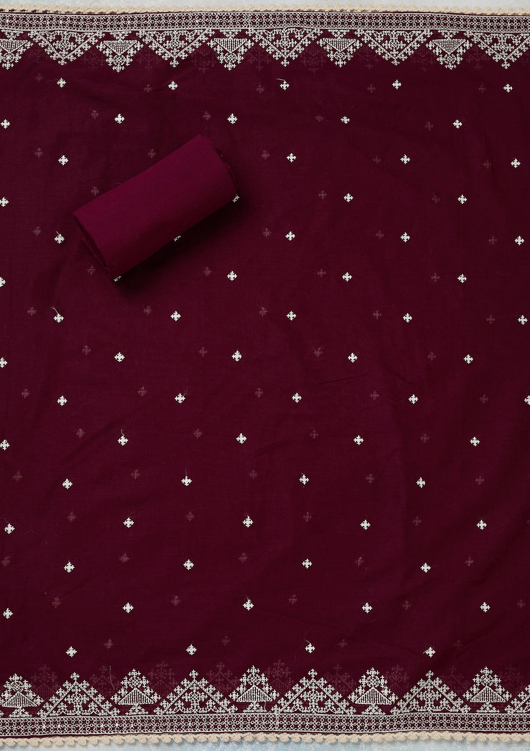 Wine Threadwork Semi Crepe Unstitched Salwar Suit-koskii