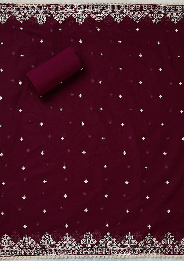 Wine Threadwork Semi Crepe Unstitched Salwar Suit-koskii