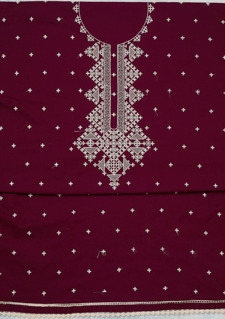 Wine Threadwork Semi Crepe Unstitched Salwar Suit-koskii