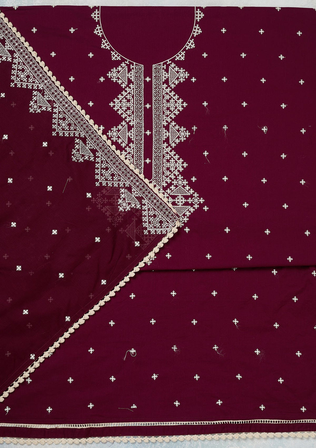 Wine Threadwork Semi Crepe Unstitched Salwar Suit-koskii