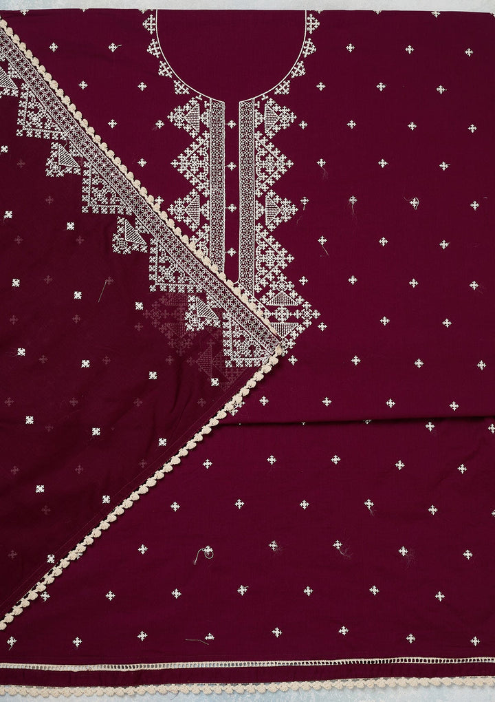Wine Threadwork Semi Crepe Unstitched Salwar Suit-koskii