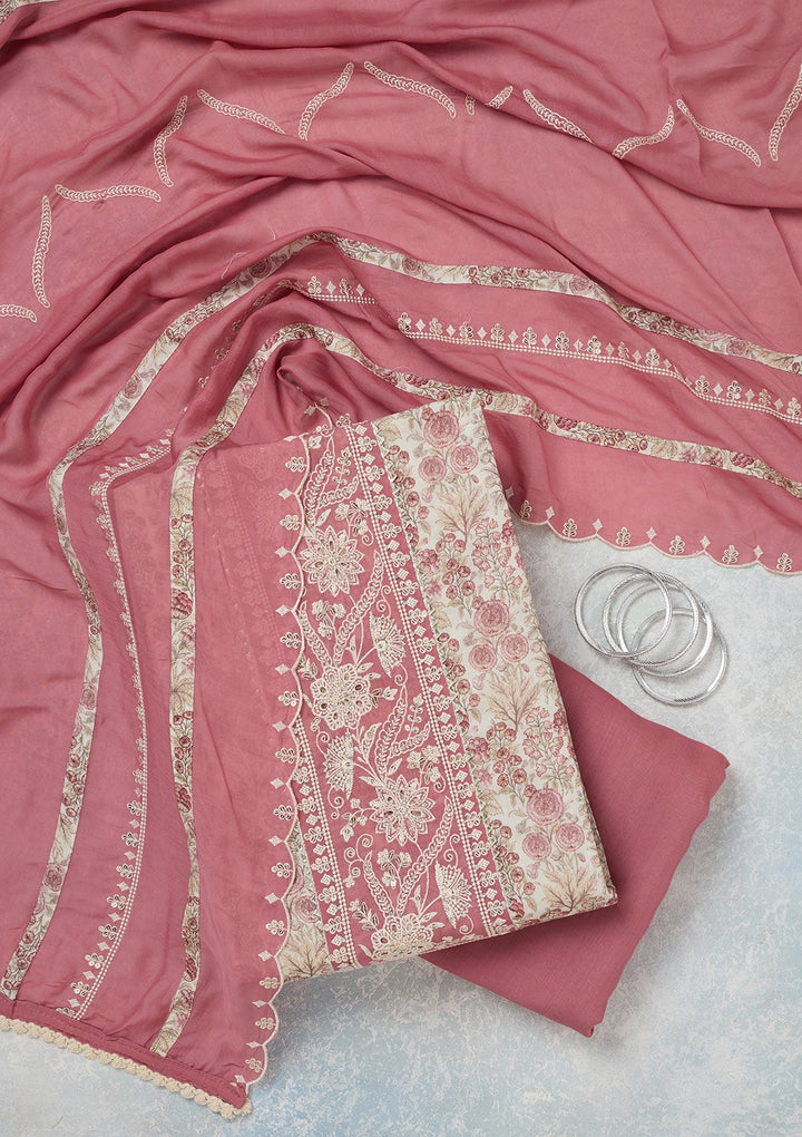 Off White Threadwork Cotton Unstitched Salwar Suit-koskii