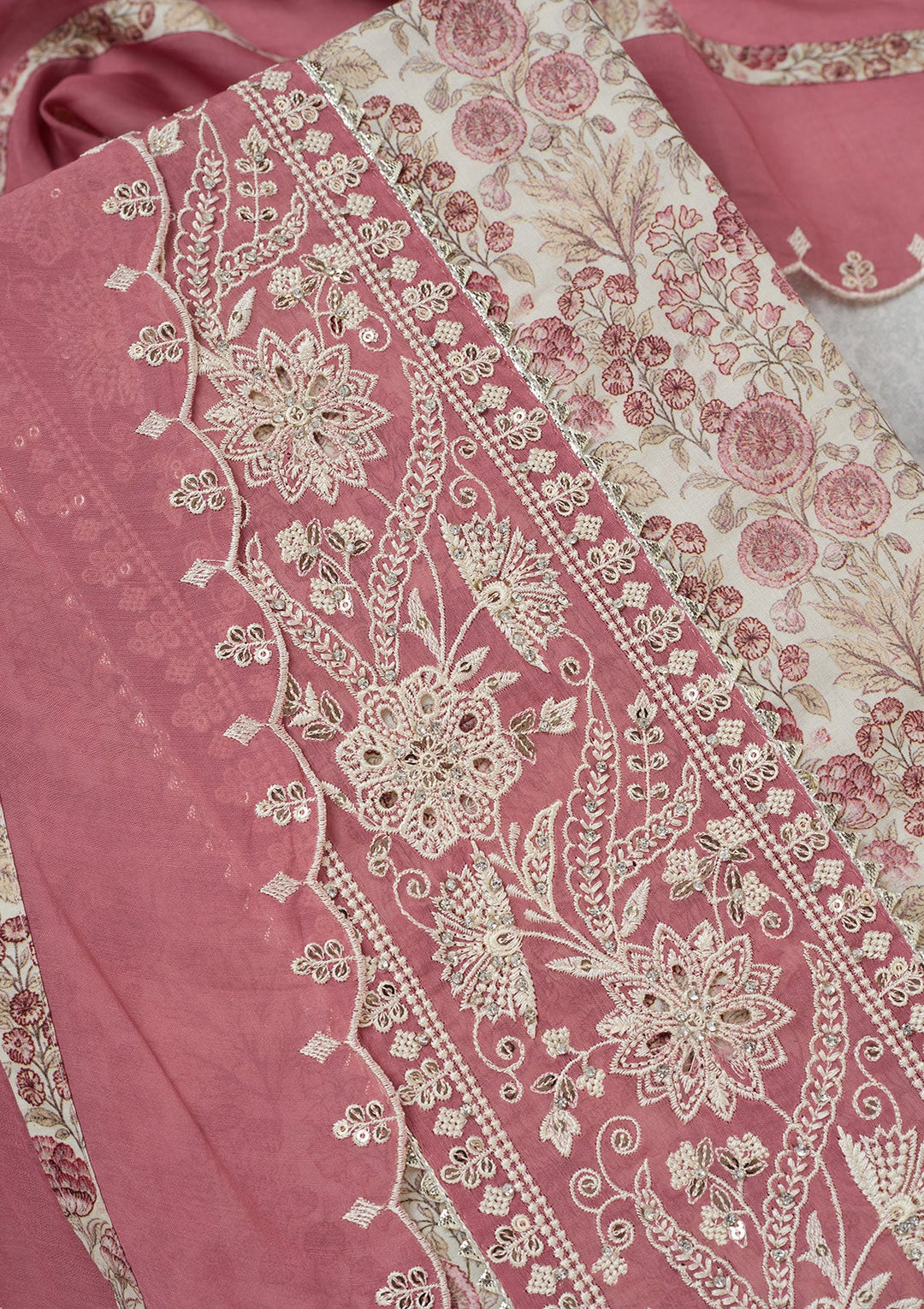 Off White Threadwork Cotton Unstitched Salwar Suit-koskii