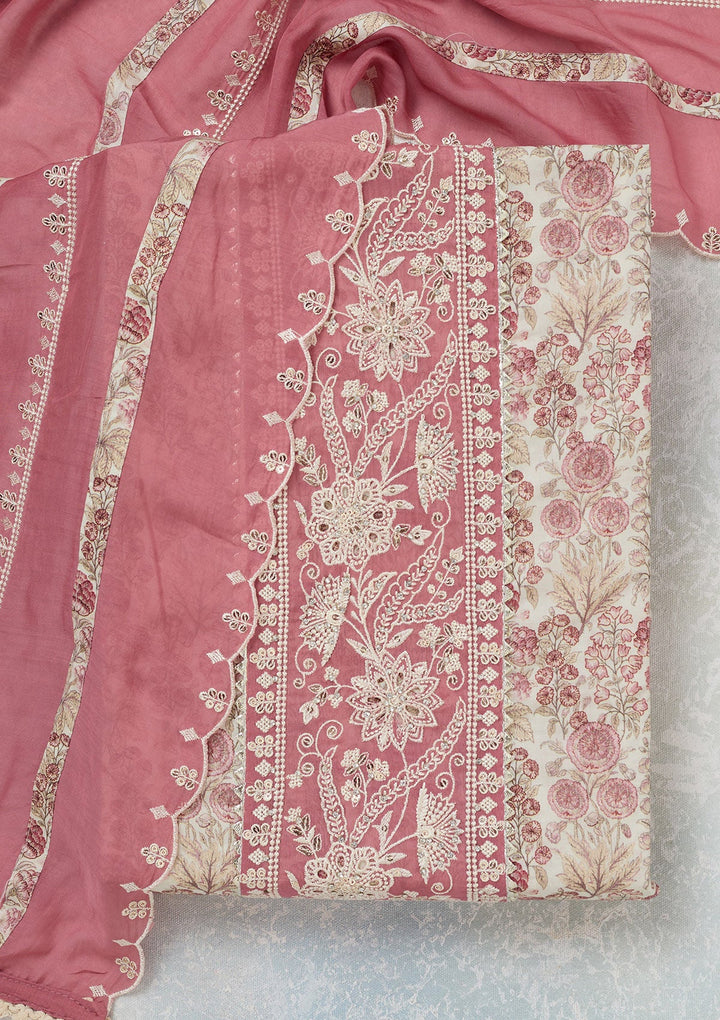 Off White Threadwork Cotton Unstitched Salwar Suit-koskii