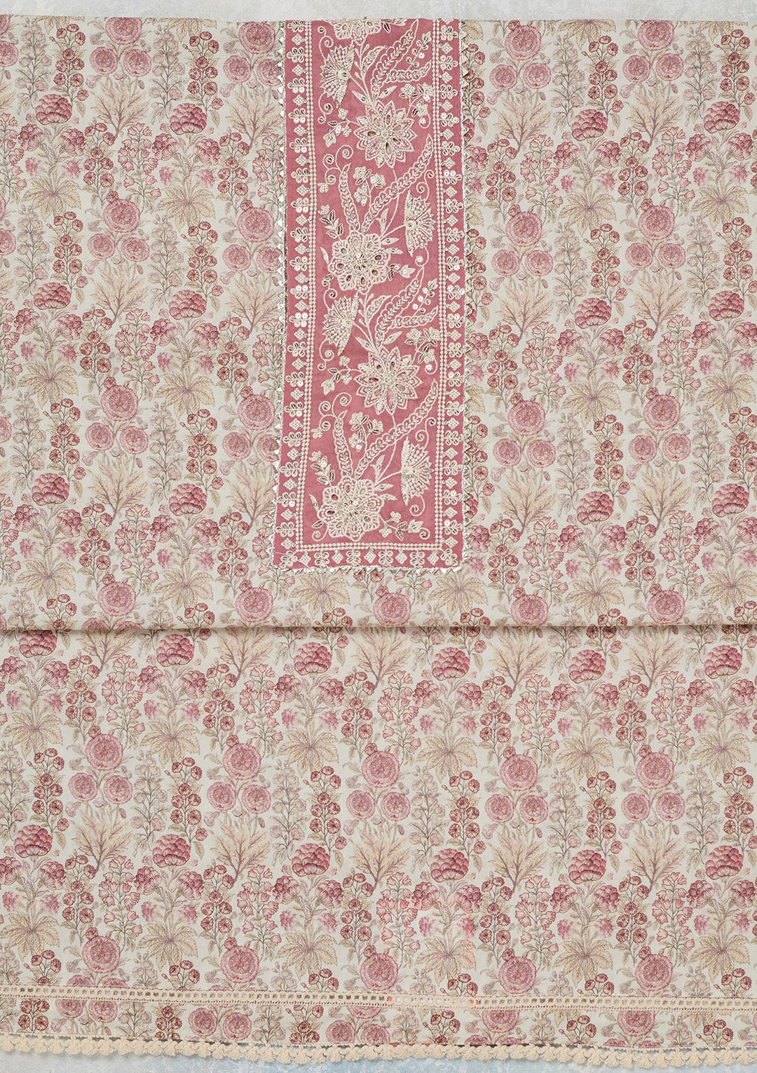 Off White Threadwork Cotton Unstitched Salwar Suit-koskii