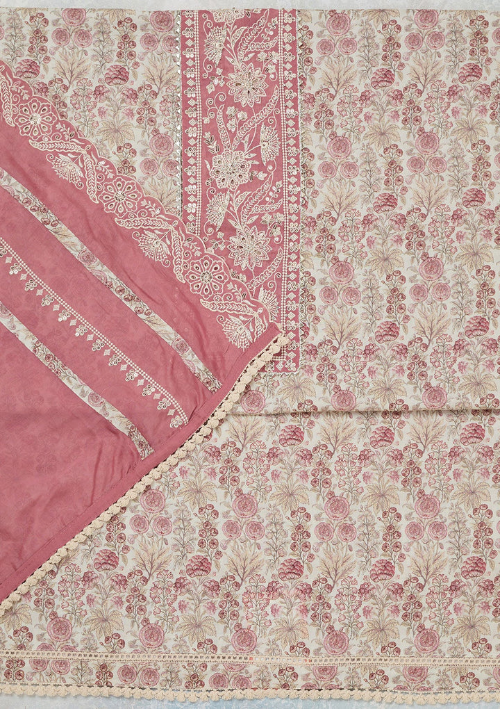 Off White Threadwork Cotton Unstitched Salwar Suit-koskii