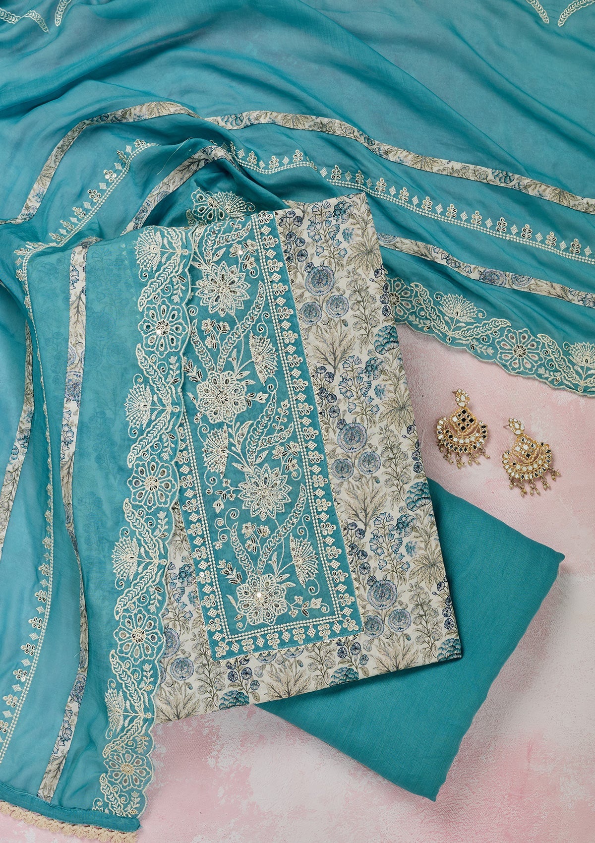 Off White Threadwork Cotton Unstitched Salwar Suit-Koskii