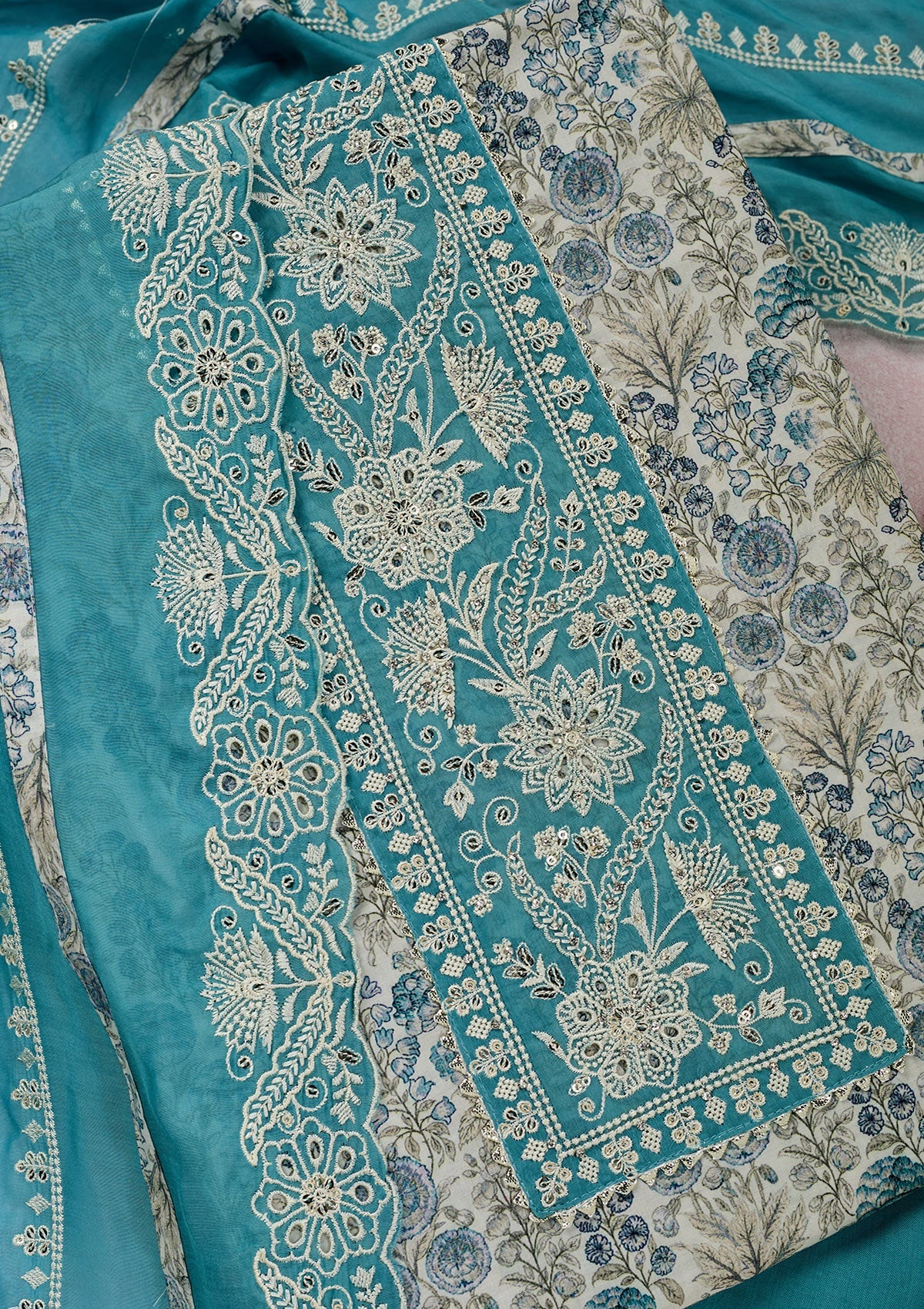 Off White Threadwork Cotton Unstitched Salwar Suit-Koskii