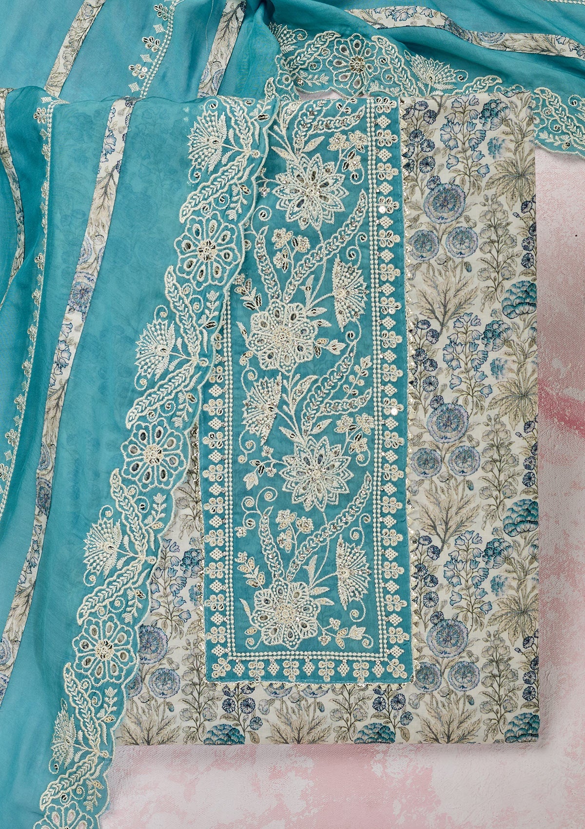 Off White Threadwork Cotton Unstitched Salwar Suit-Koskii