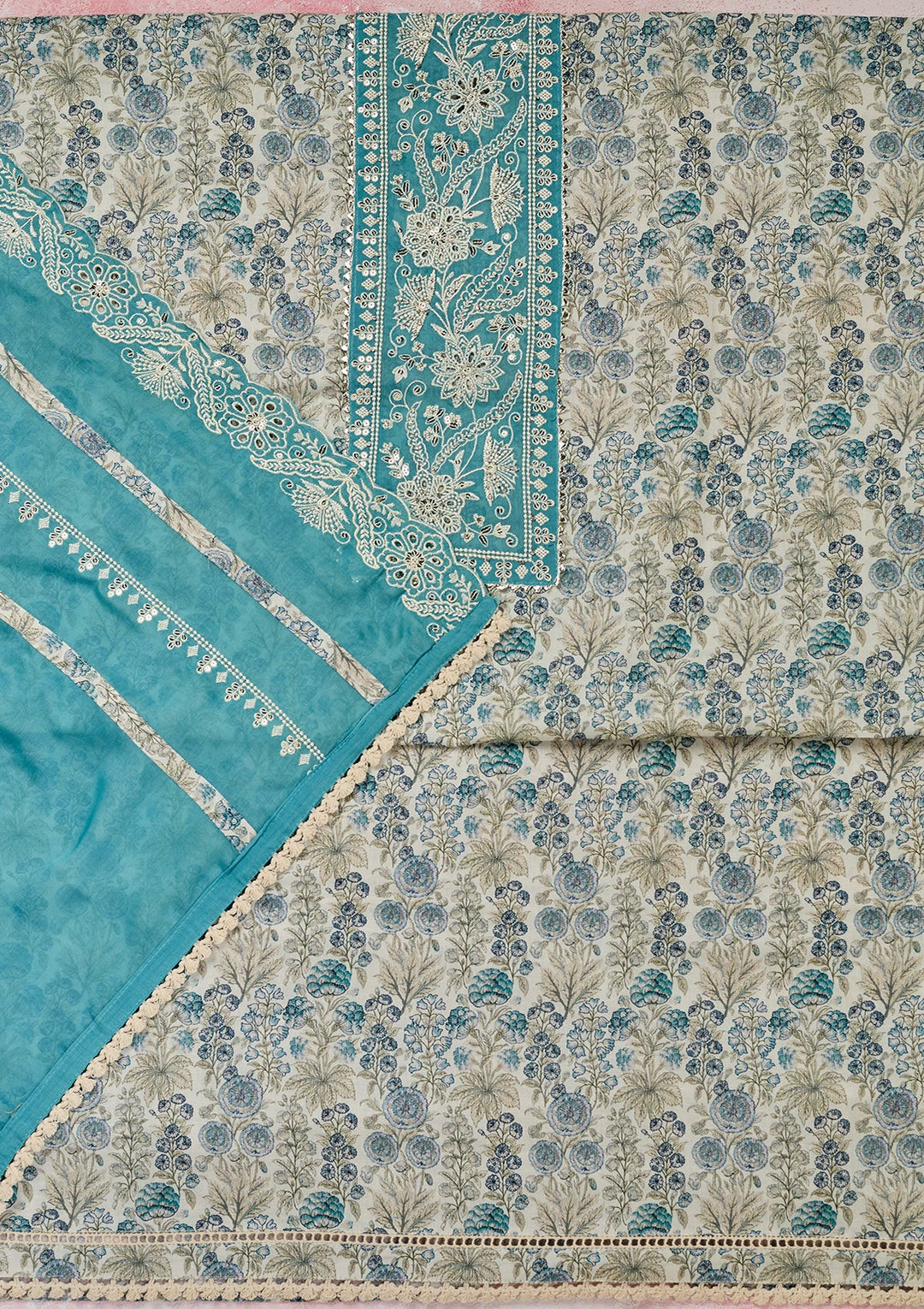 Off White Threadwork Cotton Unstitched Salwar Suit-Koskii