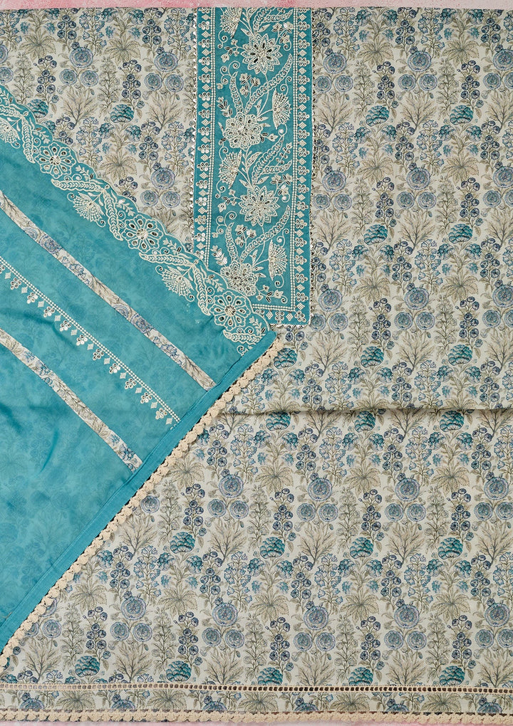 Off White Threadwork Cotton Unstitched Salwar Suit-Koskii