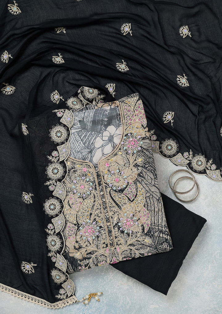 Black Threadwork Cotton Unstitched Salwar Suit-koskii