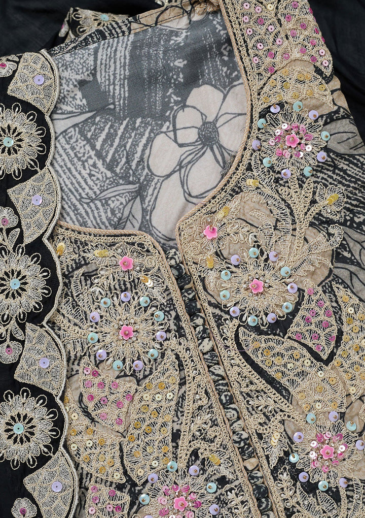 Black Threadwork Cotton Unstitched Salwar Suit-koskii
