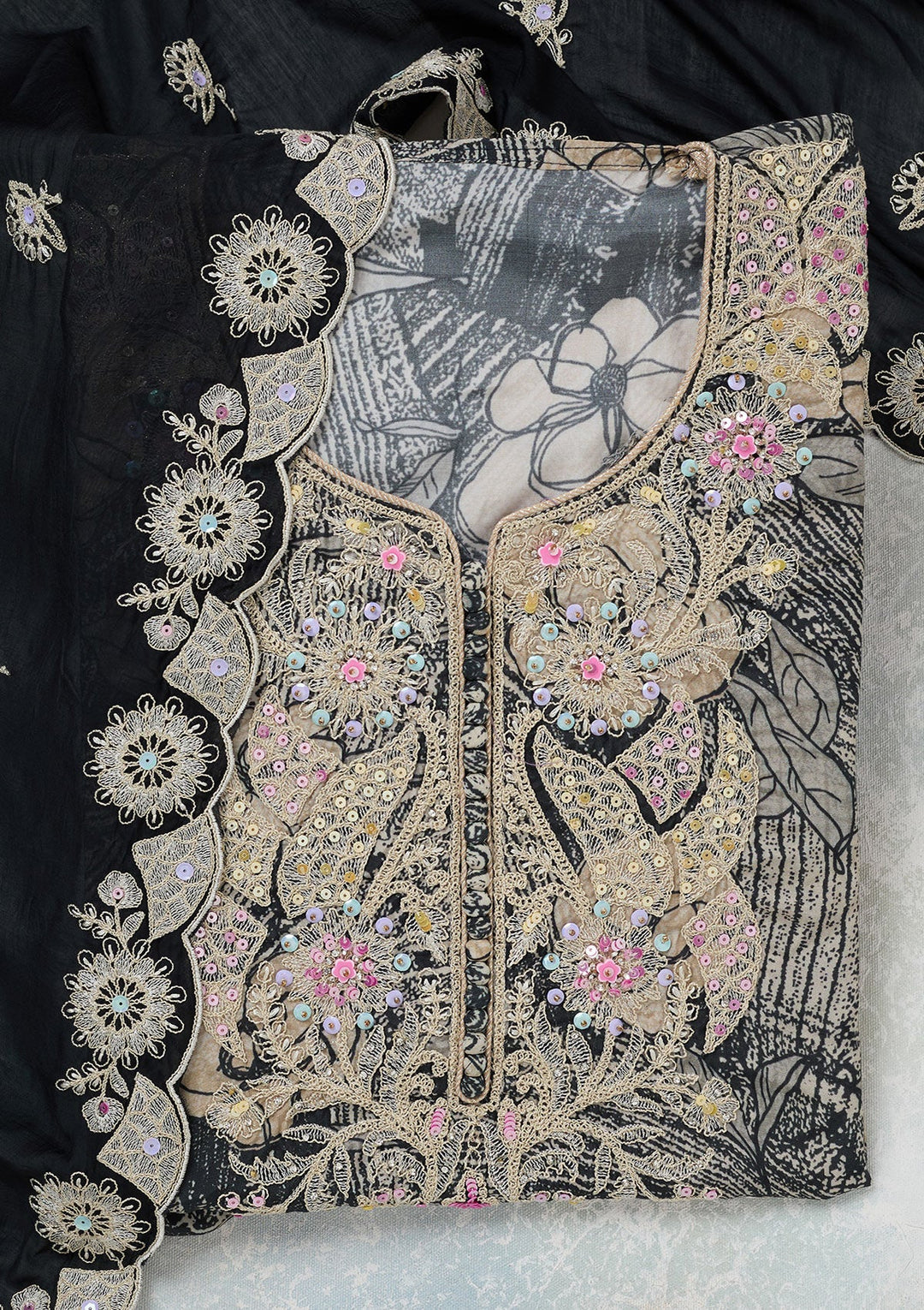 Black Threadwork Cotton Unstitched Salwar Suit-koskii