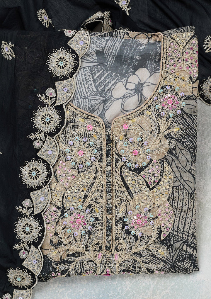 Black Threadwork Cotton Unstitched Salwar Suit-koskii