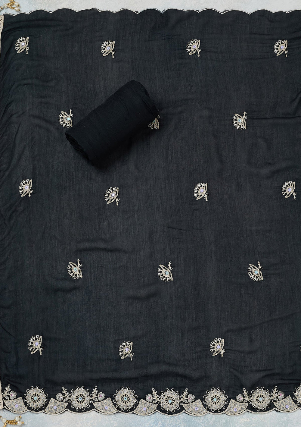 Black Threadwork Cotton Unstitched Salwar Suit-koskii