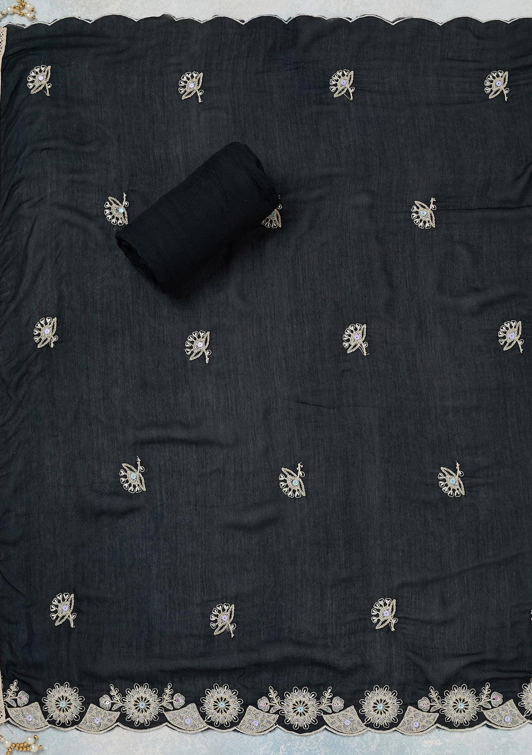 Black Threadwork Cotton Unstitched Salwar Suit-koskii