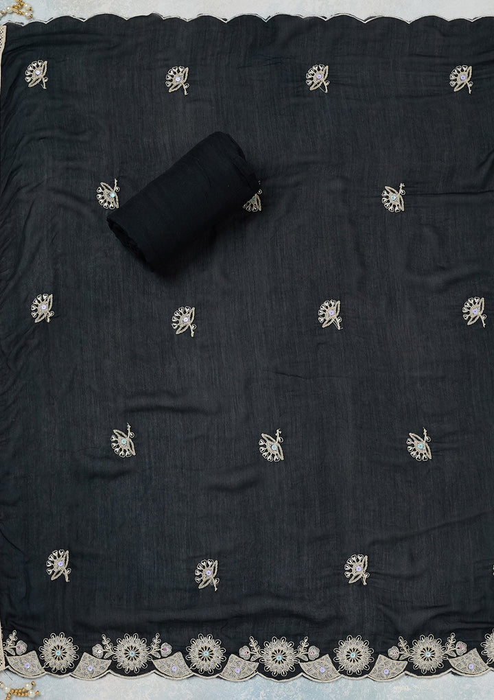 Black Threadwork Cotton Unstitched Salwar Suit-koskii