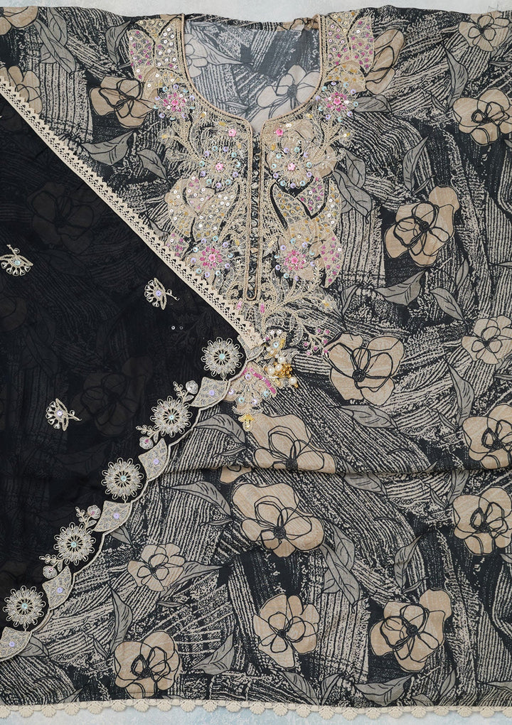 Black Threadwork Cotton Unstitched Salwar Suit-koskii