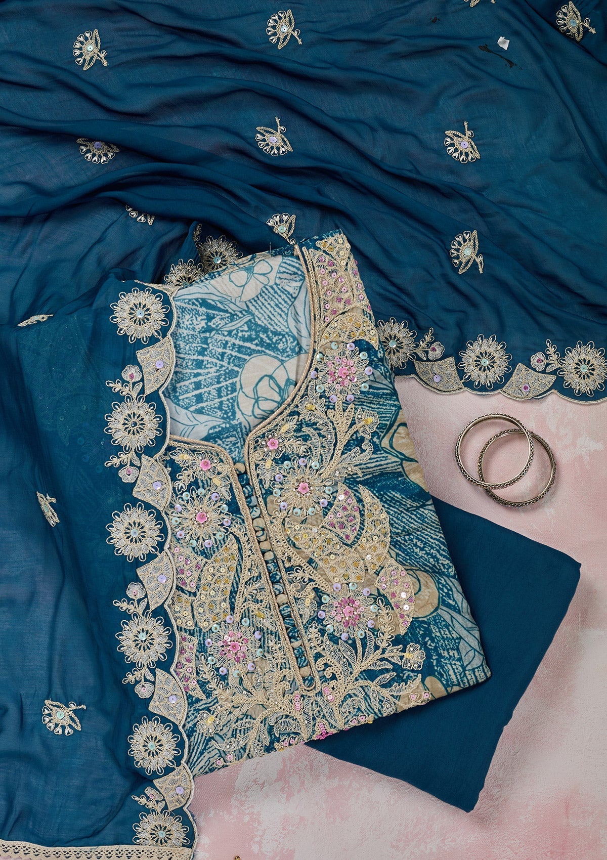 Peacock Blue Threadwork Cotton Unstitched Salwar Suit-Koskii