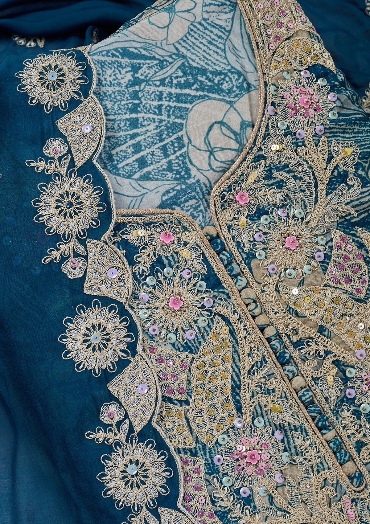 Peacock Blue Threadwork Cotton Unstitched Salwar Suit-Koskii