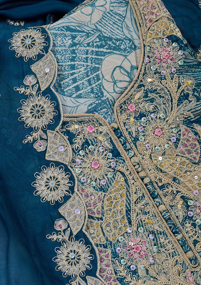 Peacock Blue Threadwork Cotton Unstitched Salwar Suit-Koskii