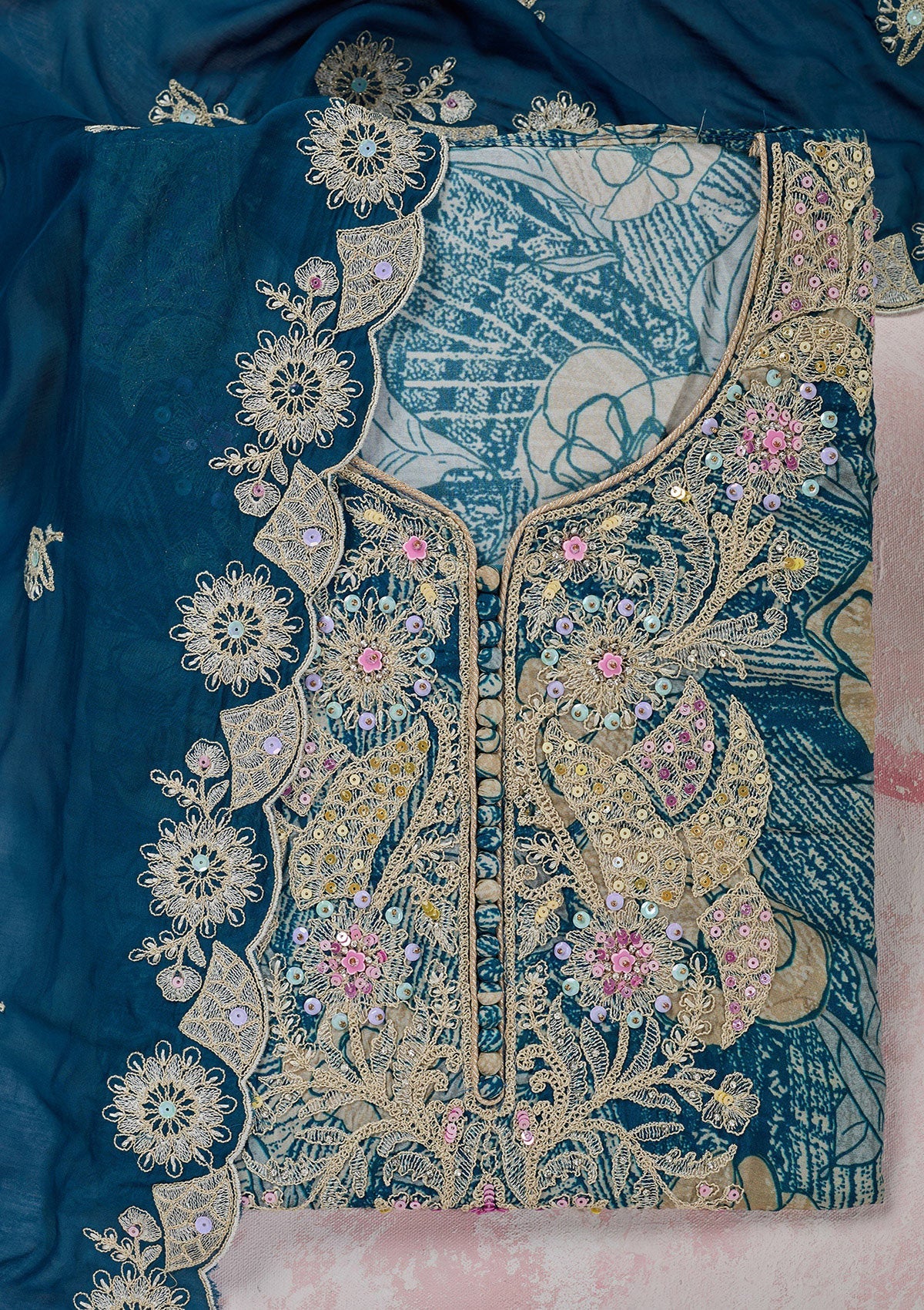 Peacock Blue Threadwork Cotton Unstitched Salwar Suit-Koskii