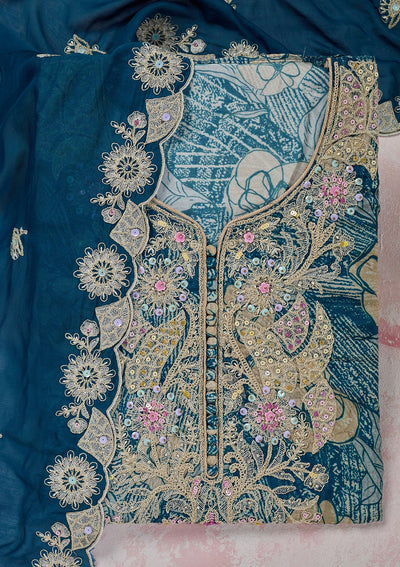 Peacock Blue Threadwork Cotton Unstitched Salwar Suit-Koskii