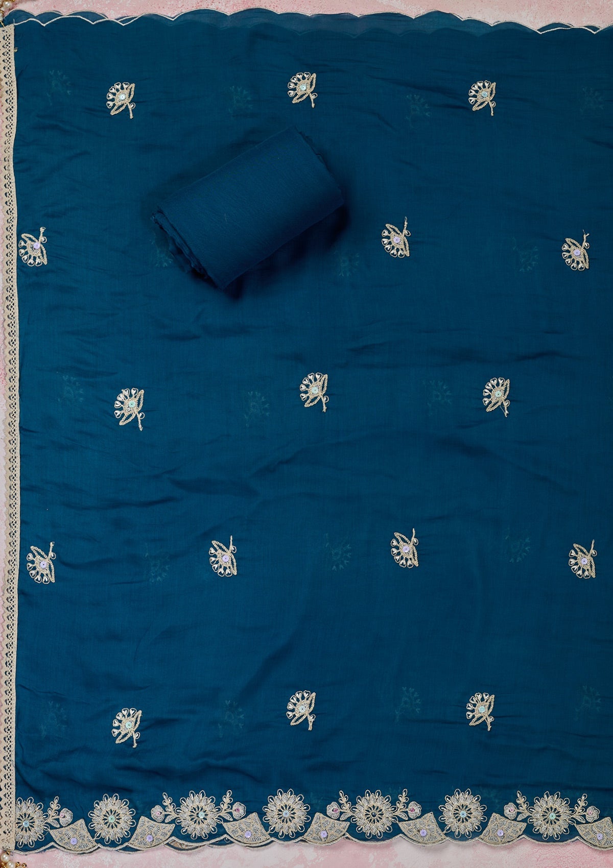Peacock Blue Threadwork Cotton Unstitched Salwar Suit-Koskii