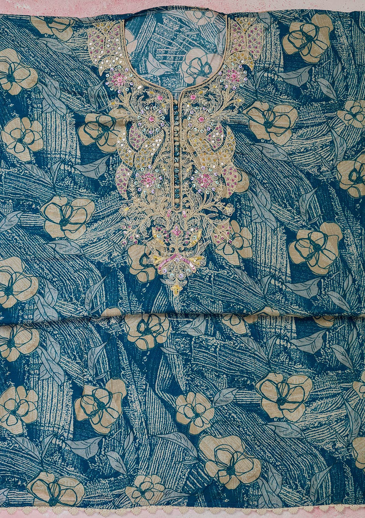 Peacock Blue Threadwork Cotton Unstitched Salwar Suit-Koskii