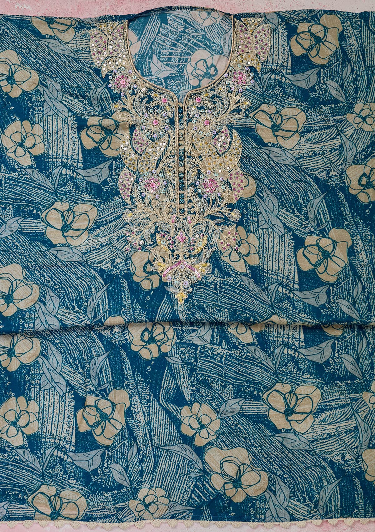 Peacock Blue Threadwork Cotton Unstitched Salwar Suit-Koskii