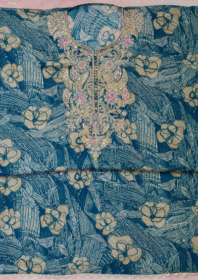Peacock Blue Threadwork Cotton Unstitched Salwar Suit-Koskii